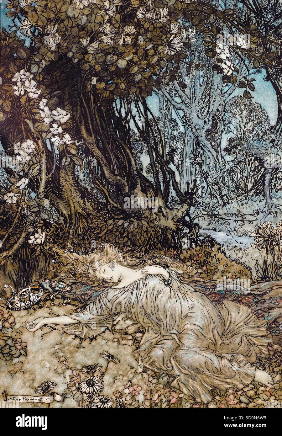 Arthur Rackham, Sleeping Titania, (Ein Sommernachtstraum), Illustration in Stift und Tinte mit Aquarell, 1908 Stockfoto