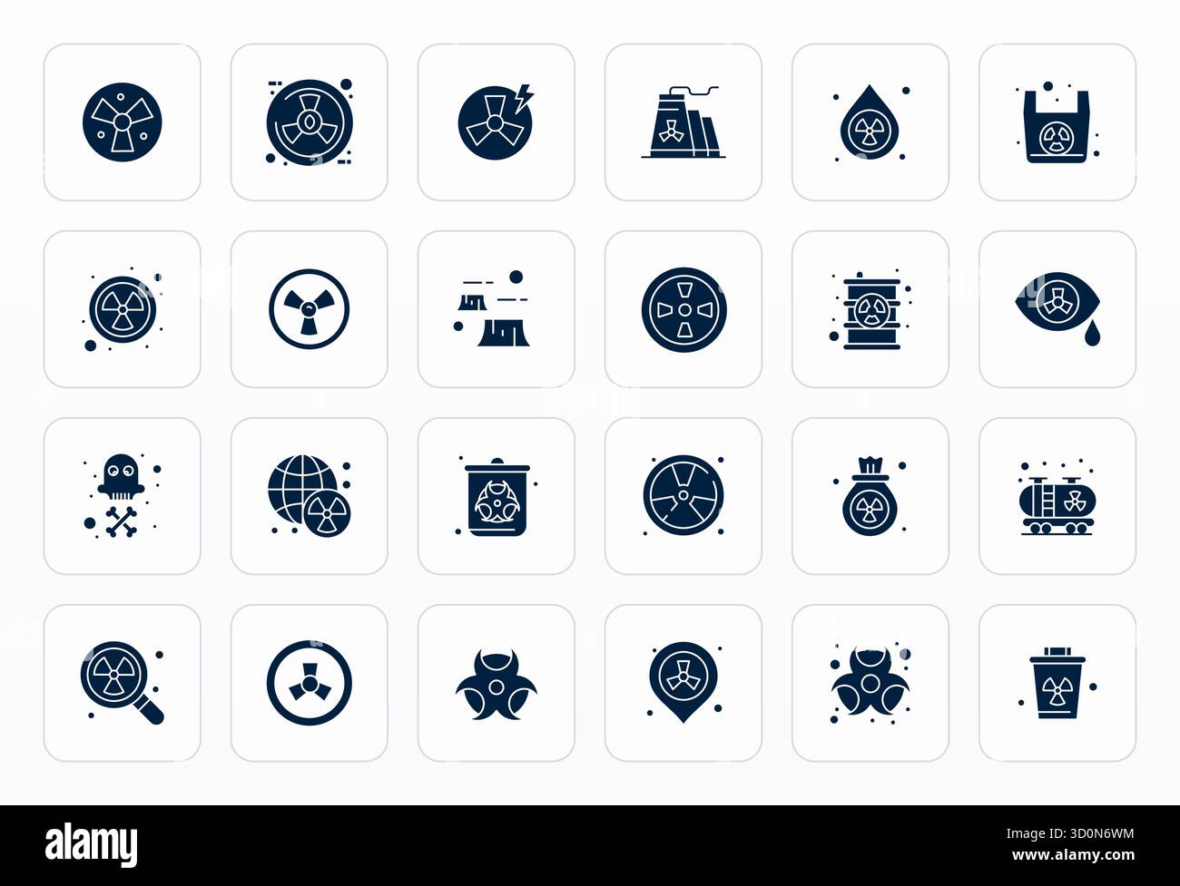 Ein vielseitiger Satz von 24 bearbeitbaren Glyph-Vektorsymbolen mit Fokus auf radioaktive Strahlung, geliefert im gestochen scharfen 128x128-Format, ideal für mobile und Web-Anwendungen. Stock Vektor