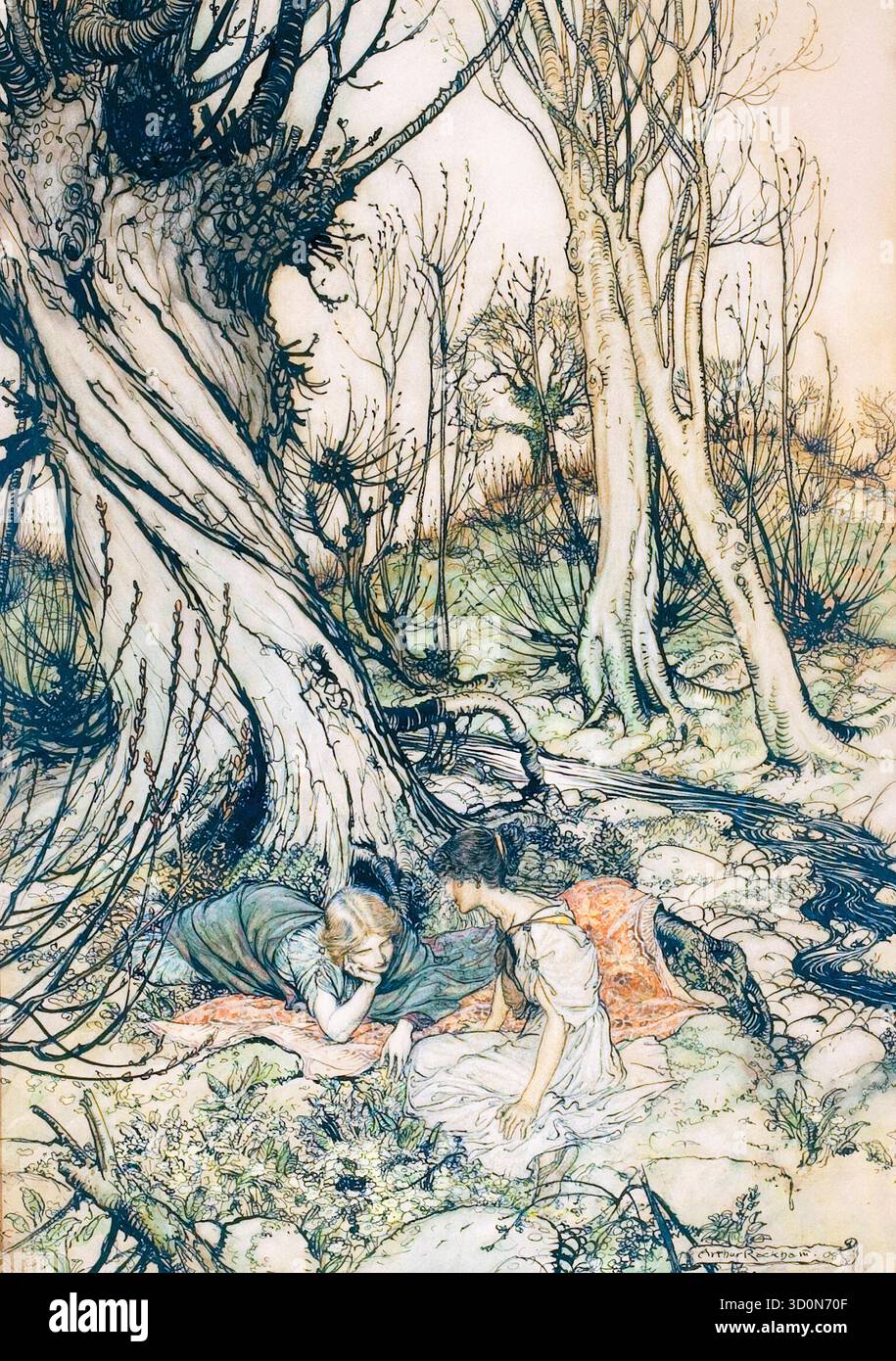 Arthur Rackham, Hermia and Helena (Ein Sommernachtstraum), Illustration in Stift und Tinte mit Aquarell, 1908 Stockfoto