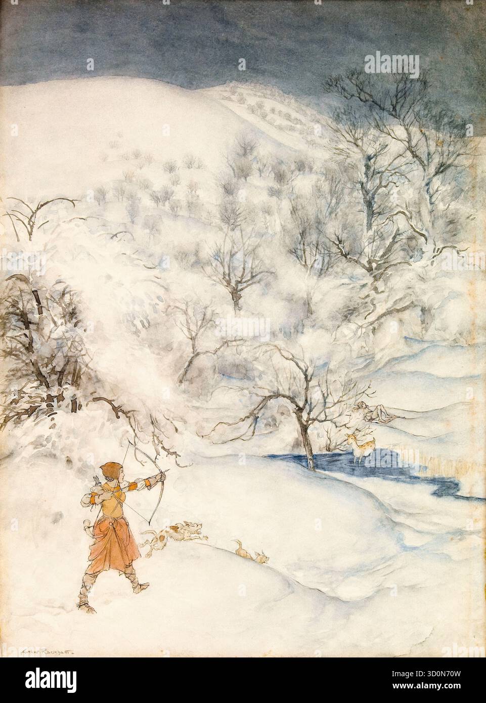 Arthur Rackham, wie Sir Lancelot von einer Gentlewoman Jagd erschossen wurde, Illustration in Stift und Tinte mit Aquarell, 1917 Stockfoto