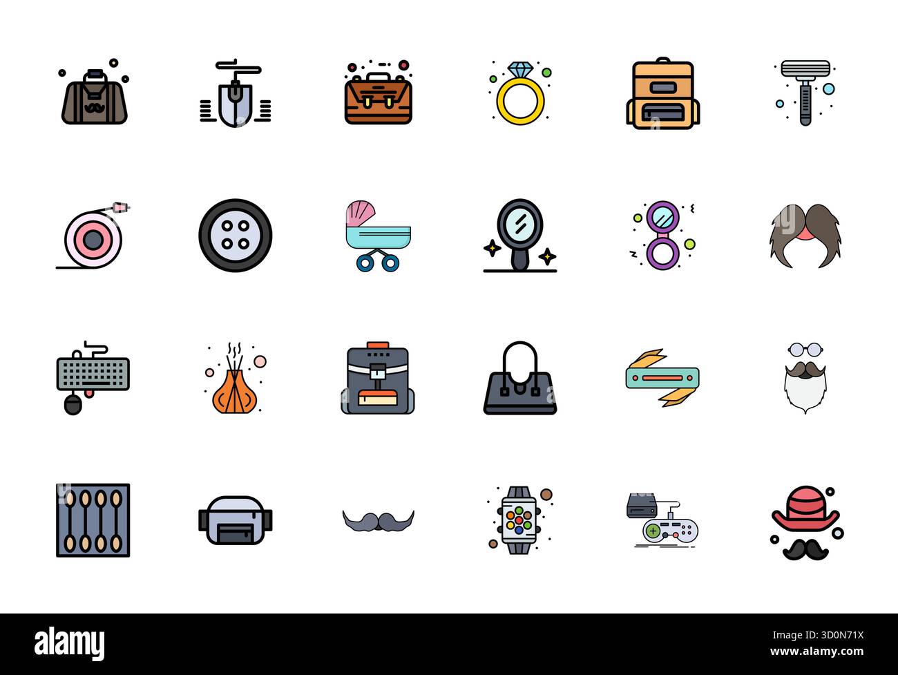 Raffiniertes Paket mit 24 mit flachen Linien gefüllten Vektorsymbolen für Zubehör, optimiert mit hochauflösender Gitterqualität für Eleganz und Funktionalität Stock Vektor