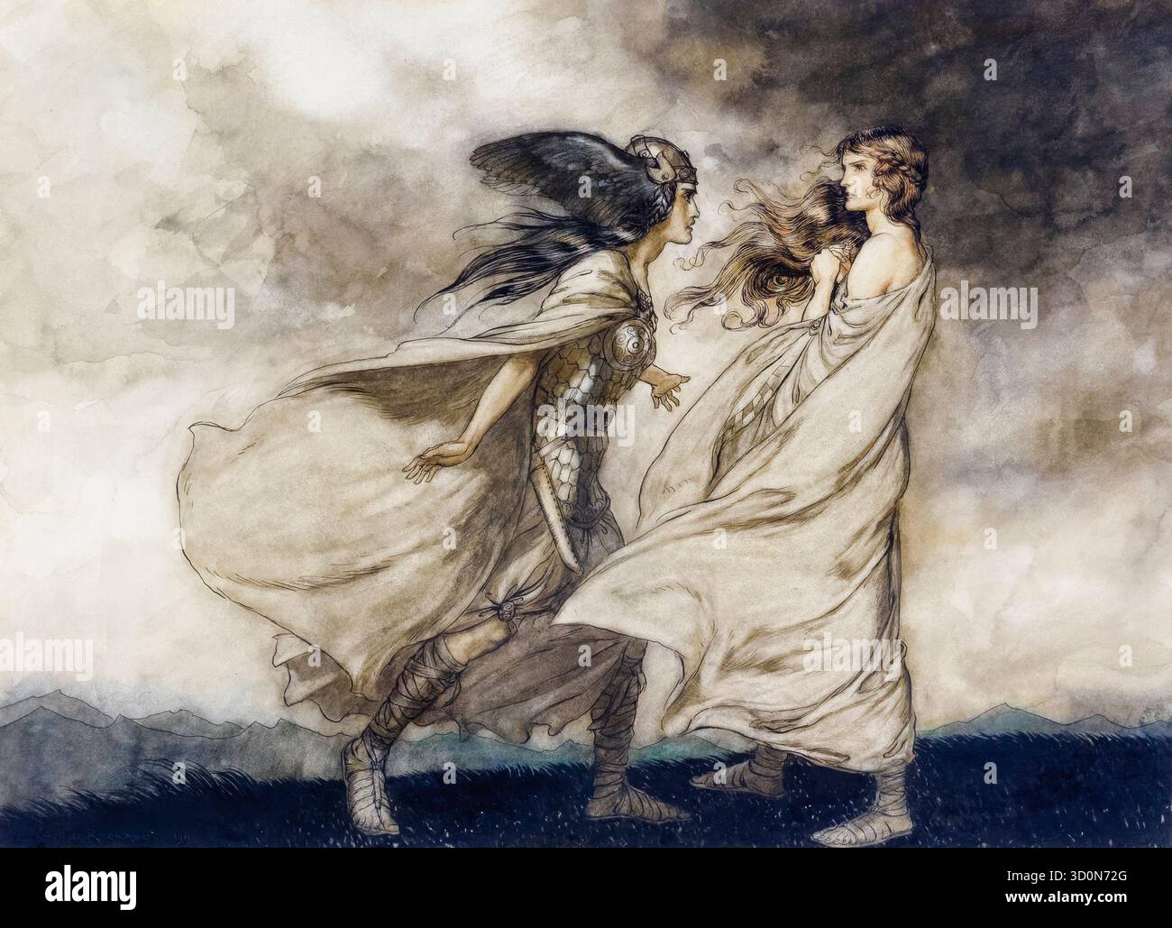 Arthur Rackham, Siegfried & The Twilight of the Gods (der Ring der Niblung), Illustration in Stift und Tinte mit Aquarell, 1911 Stockfoto