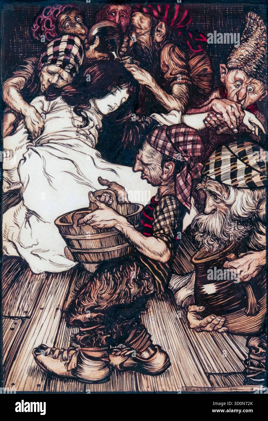 Arthur Rackham, Schneewittchen und die sieben Zwerge, Illustration in Stift und Tinte mit Aquarell, 1900 Stockfoto