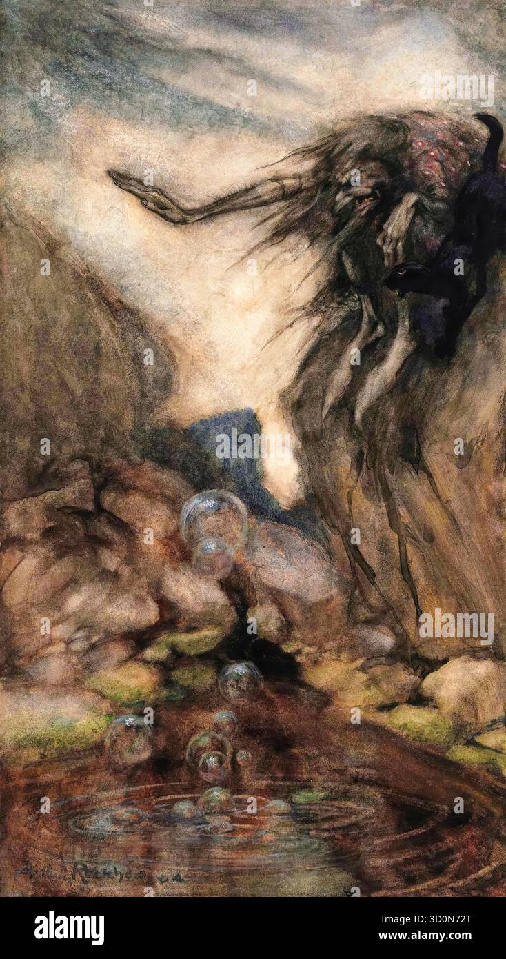 Arthur Rackham, The Witch's Pool, Illustration in Stift und Tinte mit Aquarell, 1904 Stockfoto