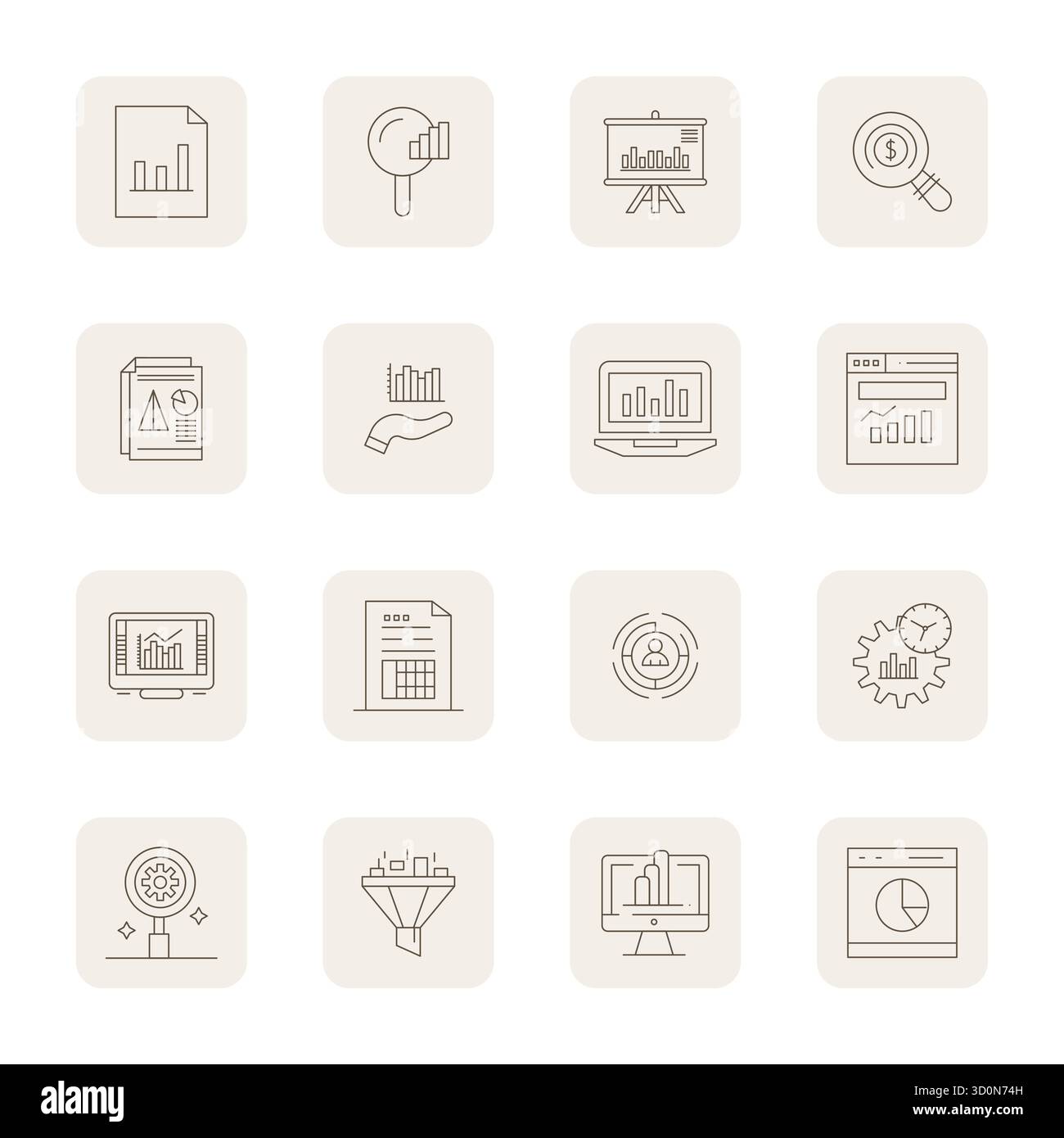 Kunstvoll gestaltete 16 dünne Konturpixel optimierte Vektorsymbole für die Datenanalyse, geliefert im Format 256 x 256 für konsistente visuelle Qualität. Stock Vektor