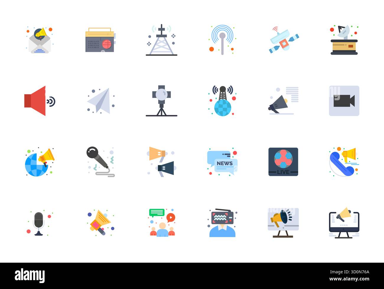 Raffiniertes Paket mit 24 flachen Vektorsymbolen für Broadcast, optimiert mit 256 x 256 bearbeitbarer Qualität für elegante und funktionale Designlösungen. Stock Vektor