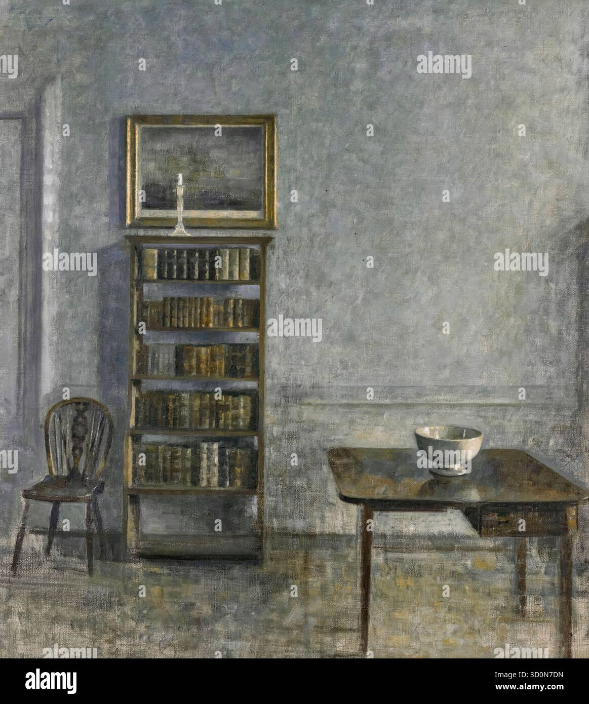 Vilhelm Hammershoi, Innenraum mit Tischregal und Windsor-Stuhl, 25 Strandgade, Ölgemälde auf Leinwand, Privatsammlung 1913 Stockfoto