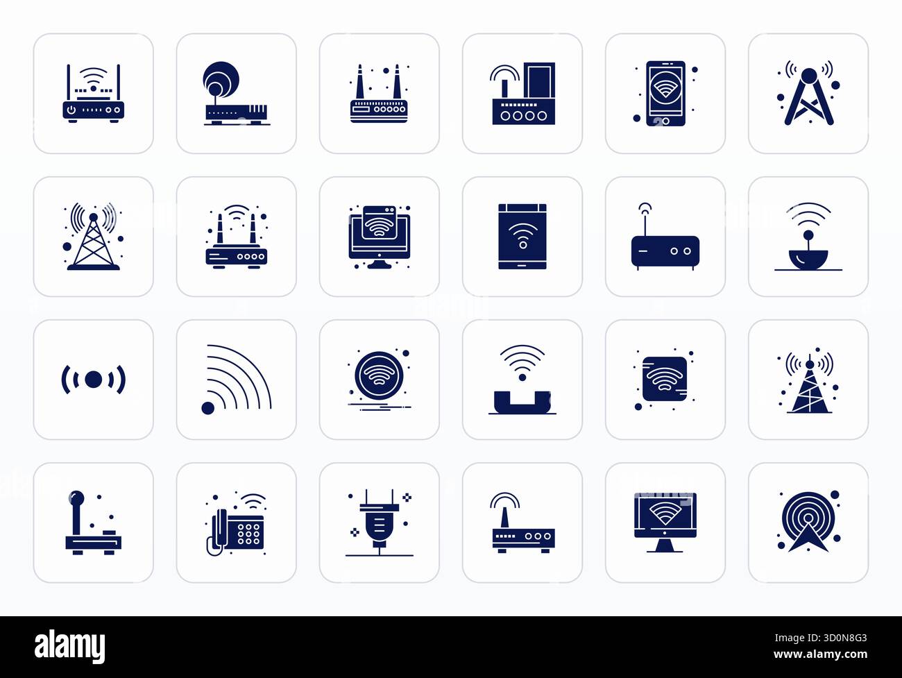 Ein dynamischer Satz von 24 Vektorsymbolen in Glyph, speziell für Modem mit 128x128 Grid-Qualität, geeignet für digitale Produkte. Stock Vektor