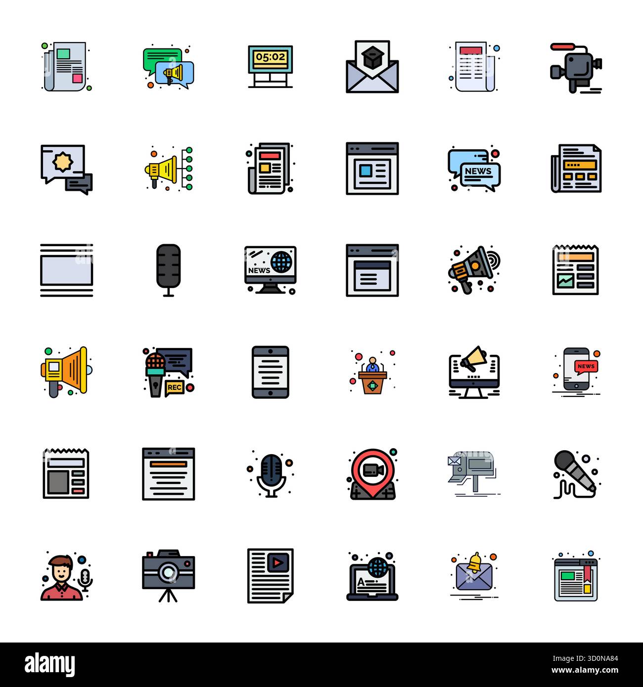 Optimierter Satz von 36 Vektorsymbolen für die Ästhetik von News in Line, mit hochauflösender Detailauflösung und verbesserter Auflösung für ein nahtloses Benutzererlebnis Stock Vektor