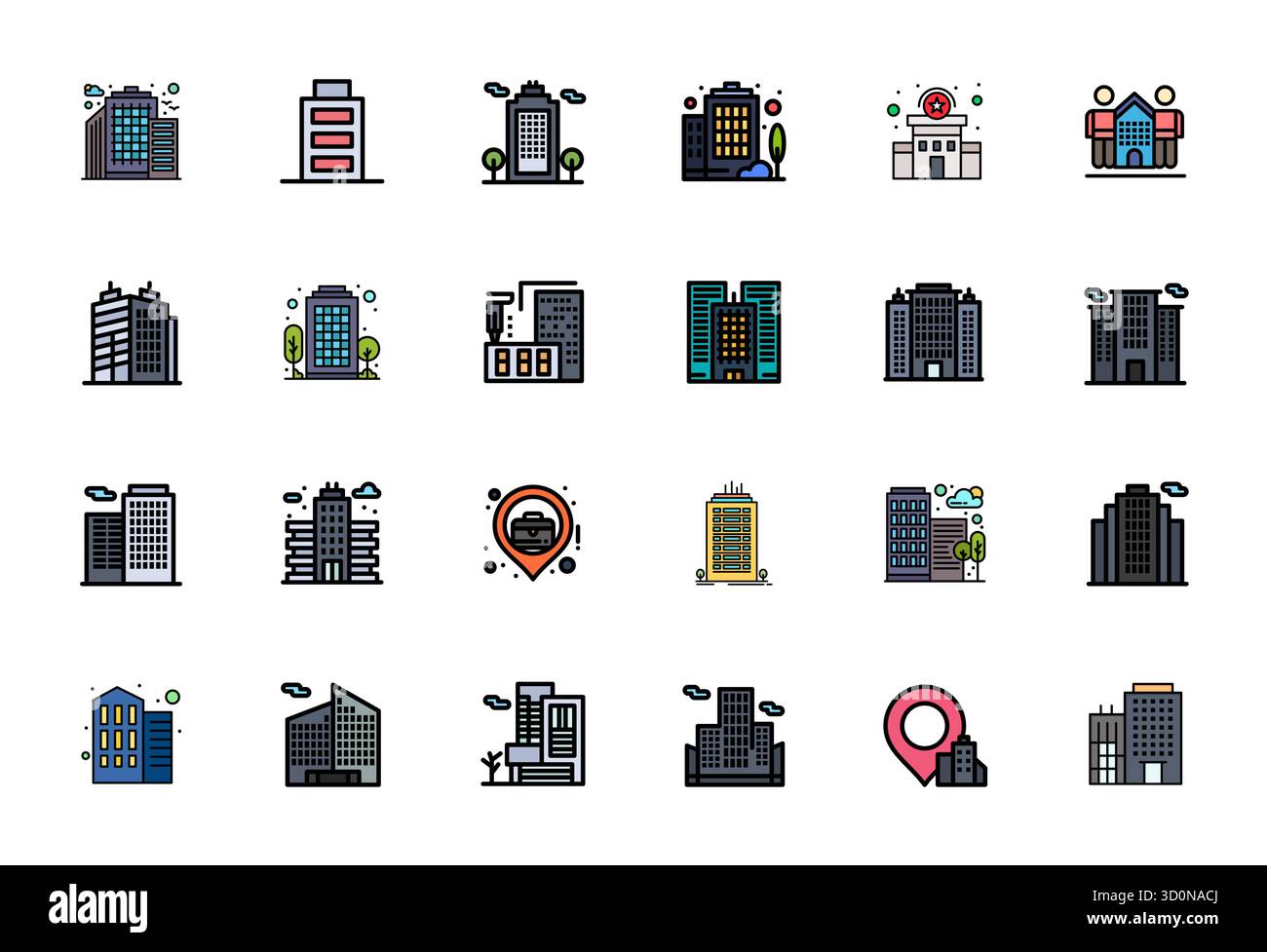 Kuratiertes Paket mit 24 hochauflösenden Vektorsymbolen in flacher Linie, zentriert um Konzepte für Bürogebäude mit bearbeitbarer Klarheit. Stock Vektor