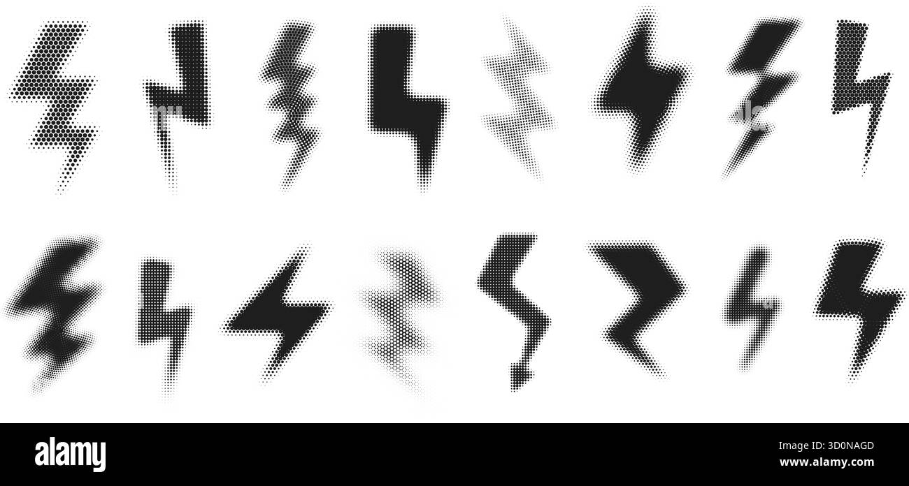 Rasterblitz. Verschwommene Blitz-Formen mit gepunkteter Struktur, Symbolen für elektrische Energie und Blitzzeichen mit Halbtonpunkten Stock Vektor