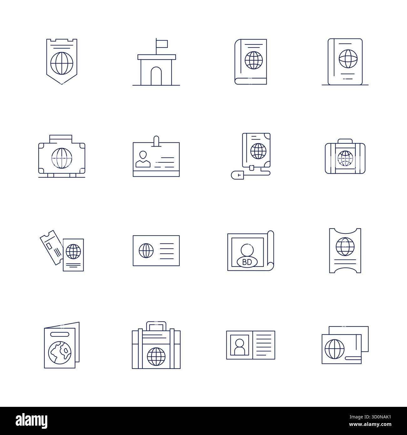 Sammlung von 16 dünnen Pixeln ausgerichteten Vektorsymbolen für Passport im Format 64x64 für Klarheit und Vielseitigkeit. Stock Vektor