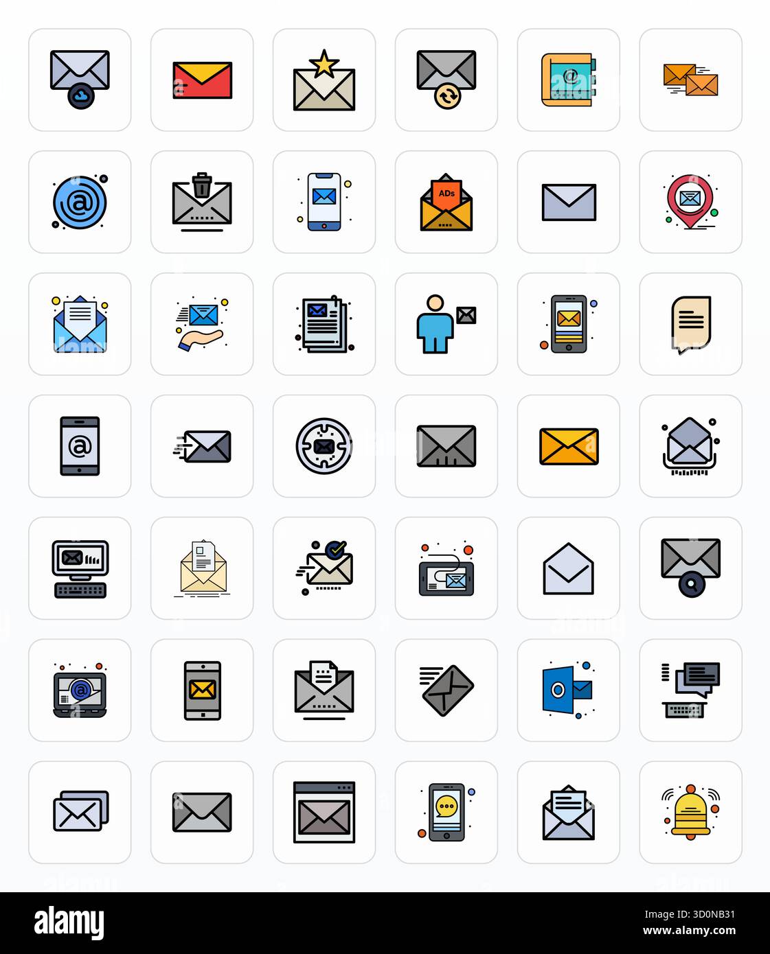 Dieses Paket mit Vektor-Symbolen für den Posteingang enthält 42 gefüllte Linien im Format High Resolution Detail Enhanced, perfekt für die Verbesserung digitaler Schnittstellen. Stock Vektor