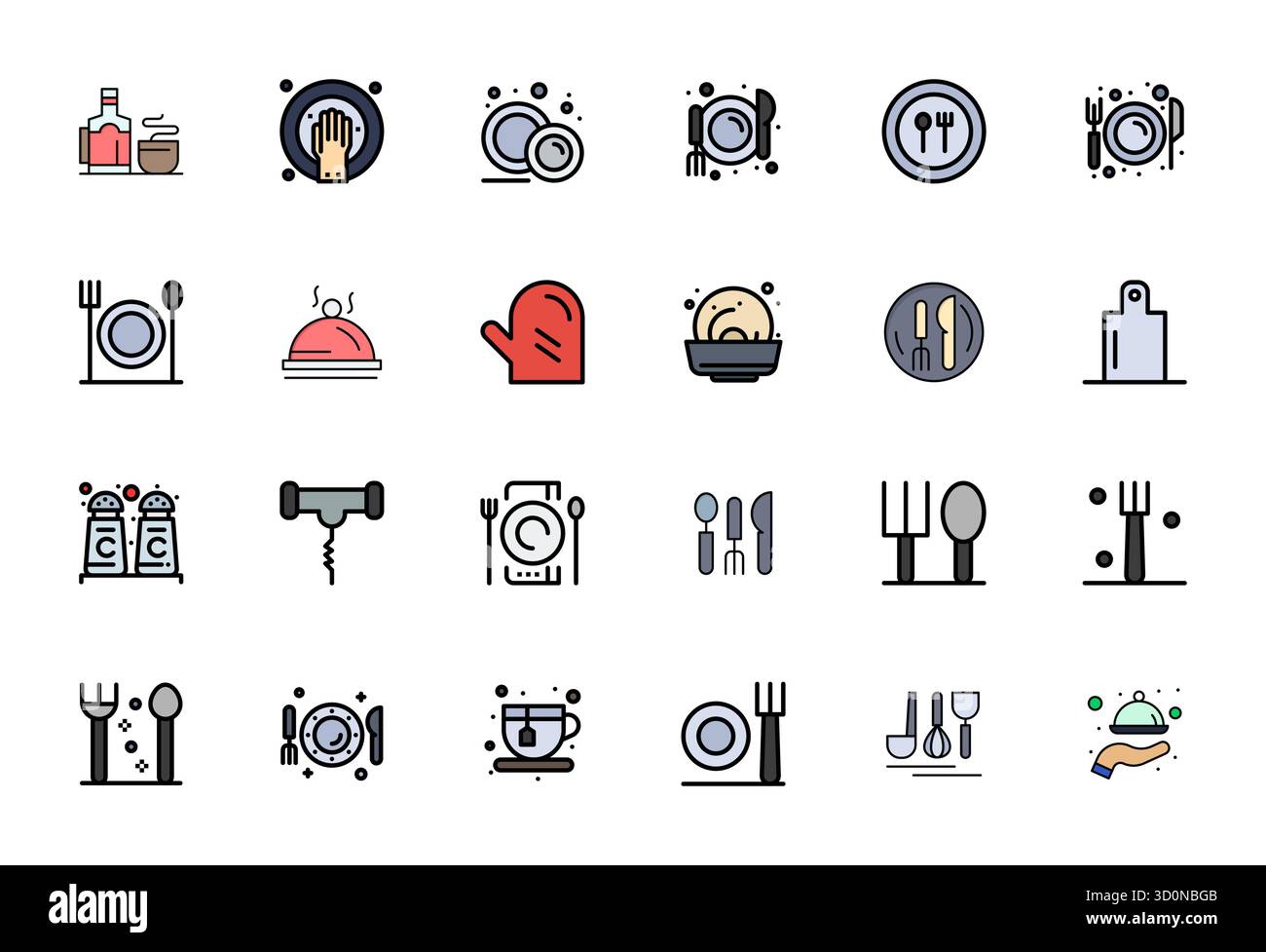 Dieser Satz von 24 mit flachen Linien gefüllten Vektorsymbolen erfasst Geschirrthemen in 64x64 Grid-angepasster Qualität, perfekt für technische und geschäftliche Anwendungen. Stock Vektor