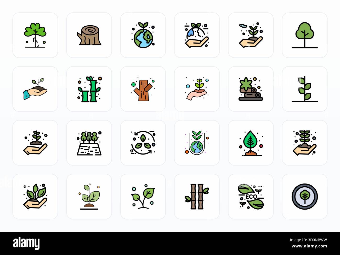 Außergewöhnliche Sammlung von 24 gefüllten Vektorsymbolen für die Wiederaufforstung in einer Auflösung von 256 x 256 Pixeln für unvergleichliche visuelle Exzellenz Stock Vektor