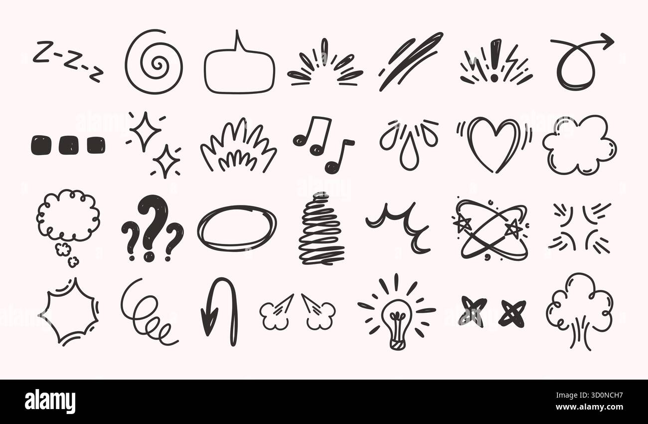 Symbole für Manga-Ausdrücke. Handgezeichnete Comic-Emotionselemente, Kritzelmarken für Anime-Reaktionen, Sprechblasen, Soundeffekte, Ausrufezeichen und Fragen Stock Vektor