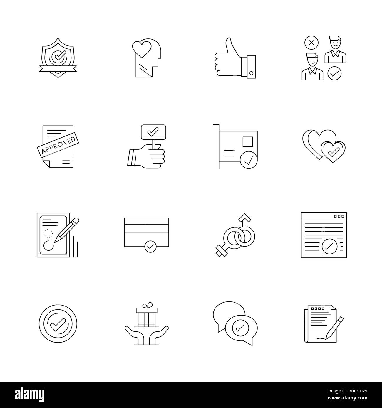Zeitgenössische Sammlung von 16 Vektorsymbolen, die Akzeptanz in Thin Line-Ästhetik darstellen, mit einer Auflösung von 64x64 PIXELN für moderne Anwendungen Stock Vektor