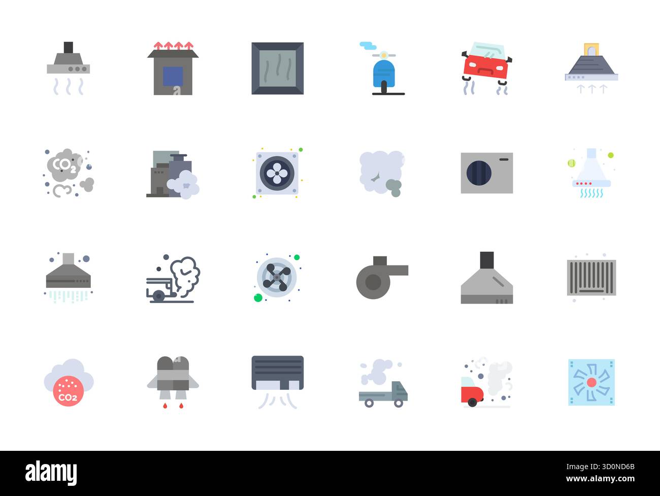 Diese Kollektion umfasst 24 erweiterte Vektorsymbole mit flachen Details, die speziell auf das Thema Auspuffanlage zugeschnitten sind und im Format 256 x 256 für digitales Design optimiert sind. Stock Vektor