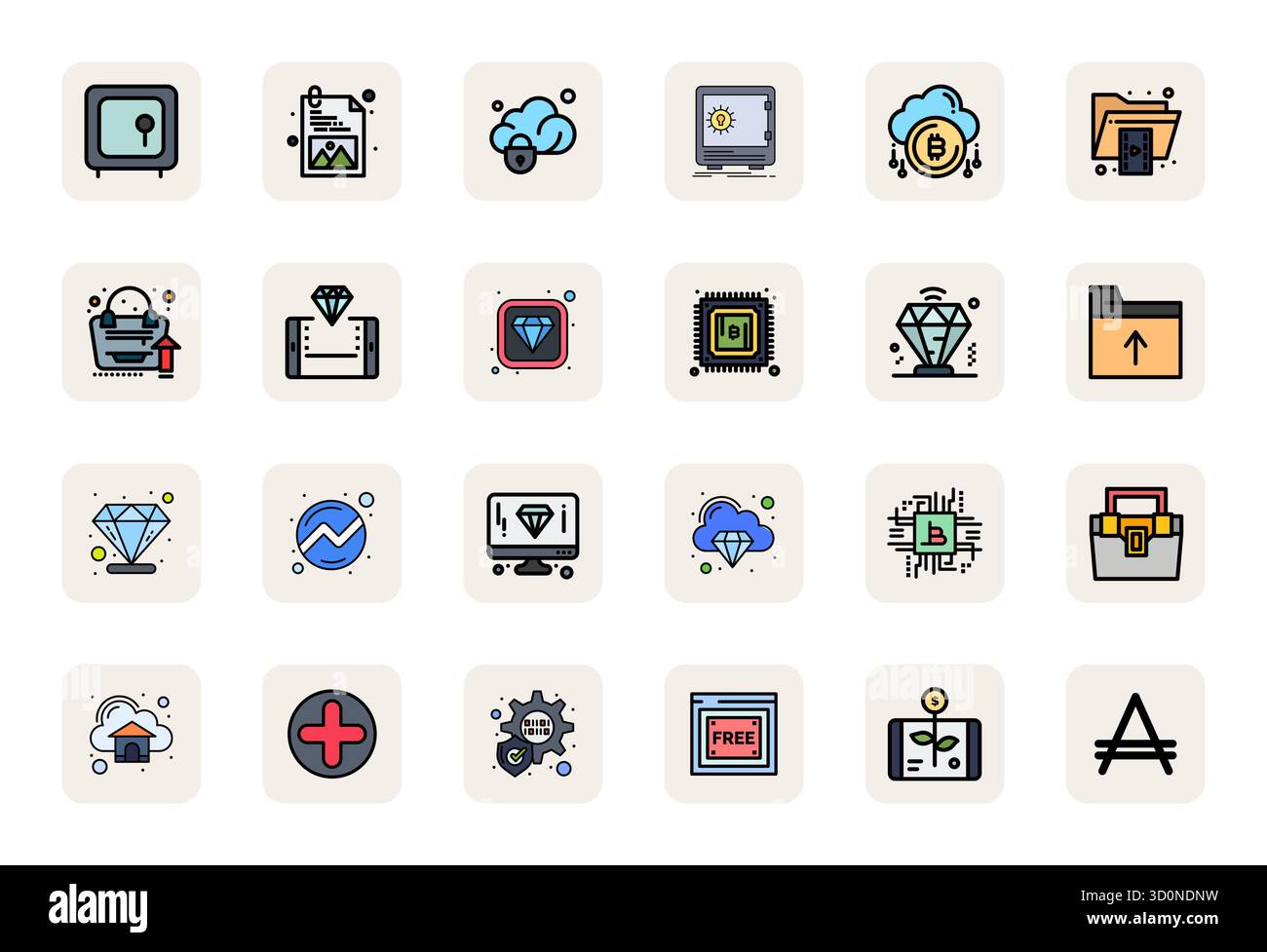 Verwandeln Sie Ihre Designs mit 24 LineFilled Vektorsymbolen rund um Digital Asset, entwickelt mit einer Auflösung von 64x64 für maximale Klarheit Stock Vektor