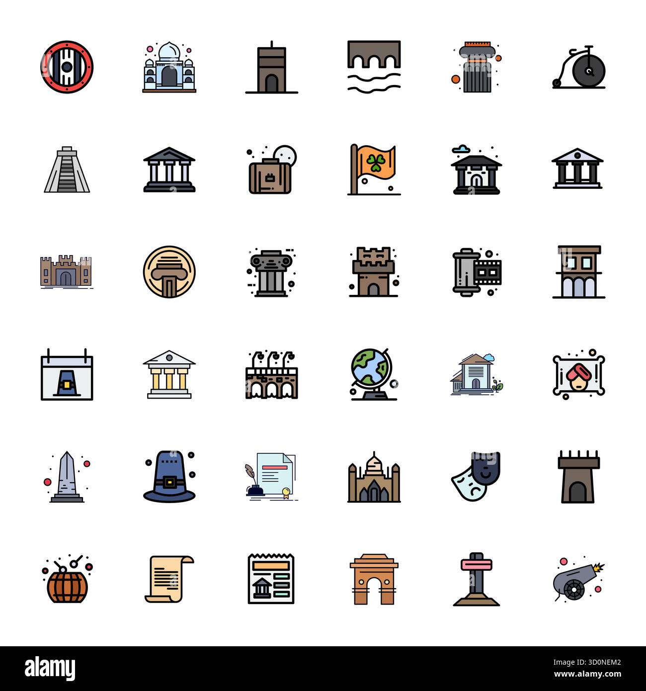 Komplettpaket mit 36 Vektorsymbolen, die sich um historische Objekte drehen, mit flacher Linie gefülltem Design in 64x64-Rasterqualität für moderne Schnittstellen. Stock Vektor