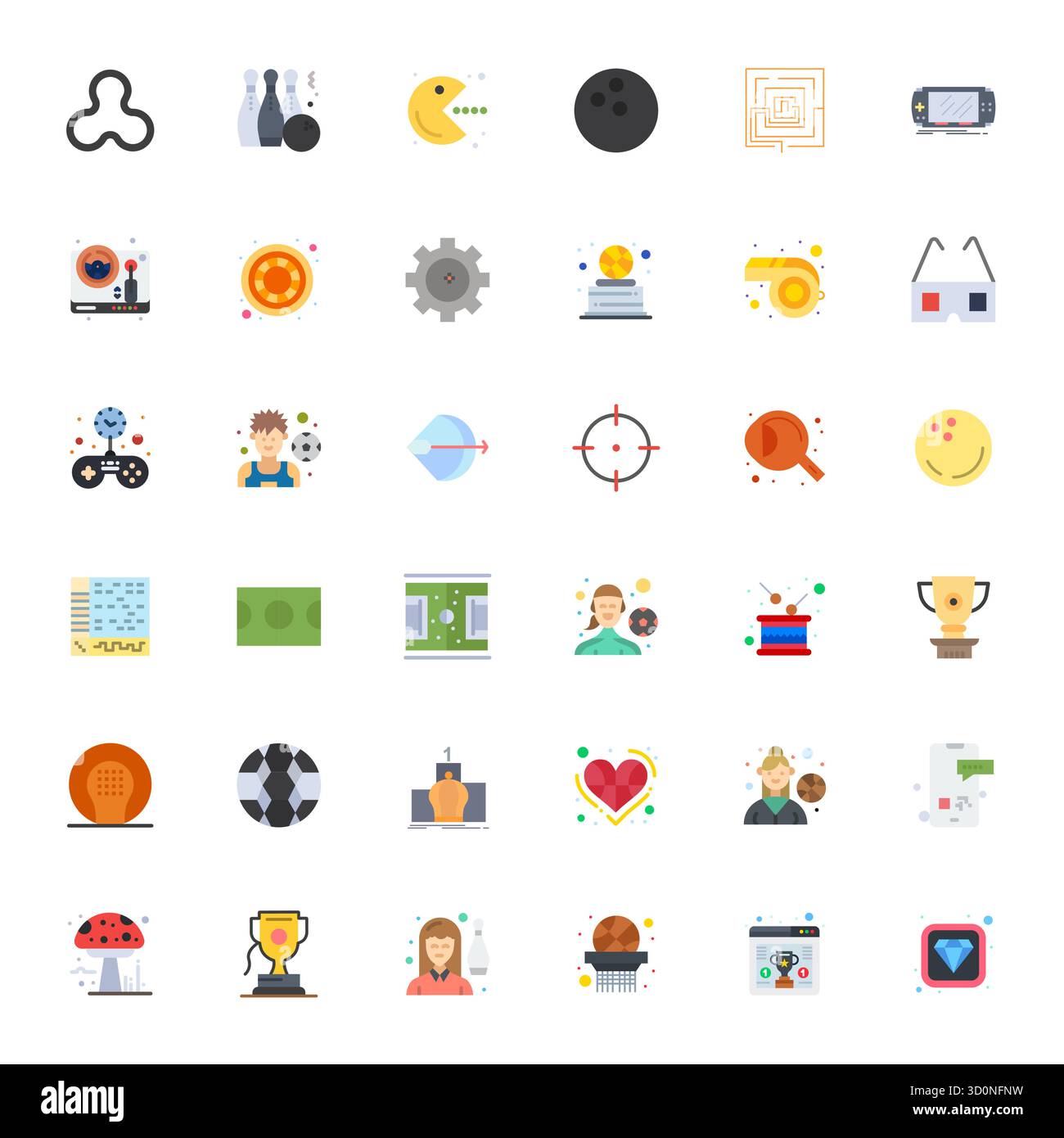 Raffiniertes Paket mit 36 flachen Vektorsymbolen für Spiel, optimiert mit Retina Ready editierbarer Qualität für elegante und funktionale Designlösungen. Stock Vektor