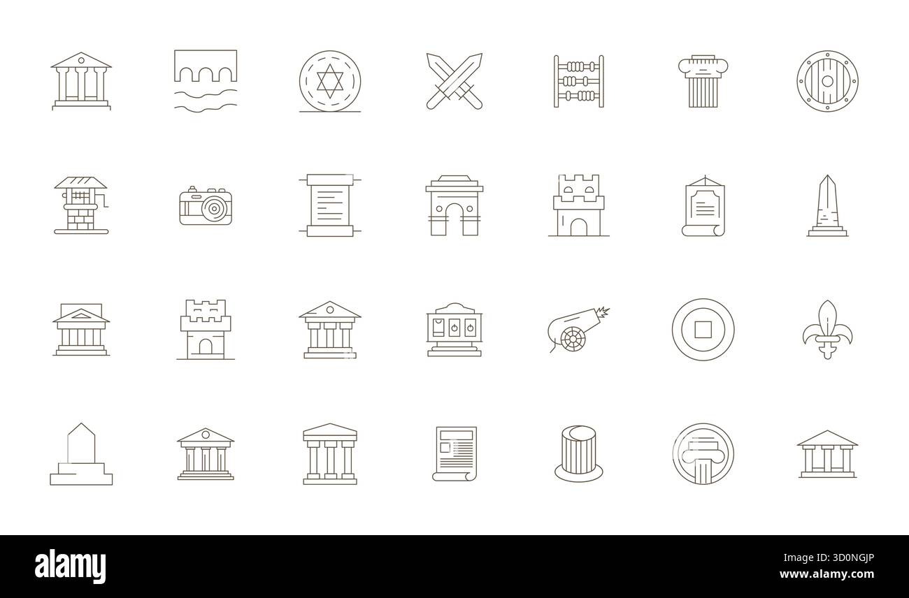 Raffiniertes Paket mit 28 Thin Line Vektorsymbolen für historisch, optimiert mit 64x64 Display perfekte Qualität für elegantes und funktionales Design Stock Vektor