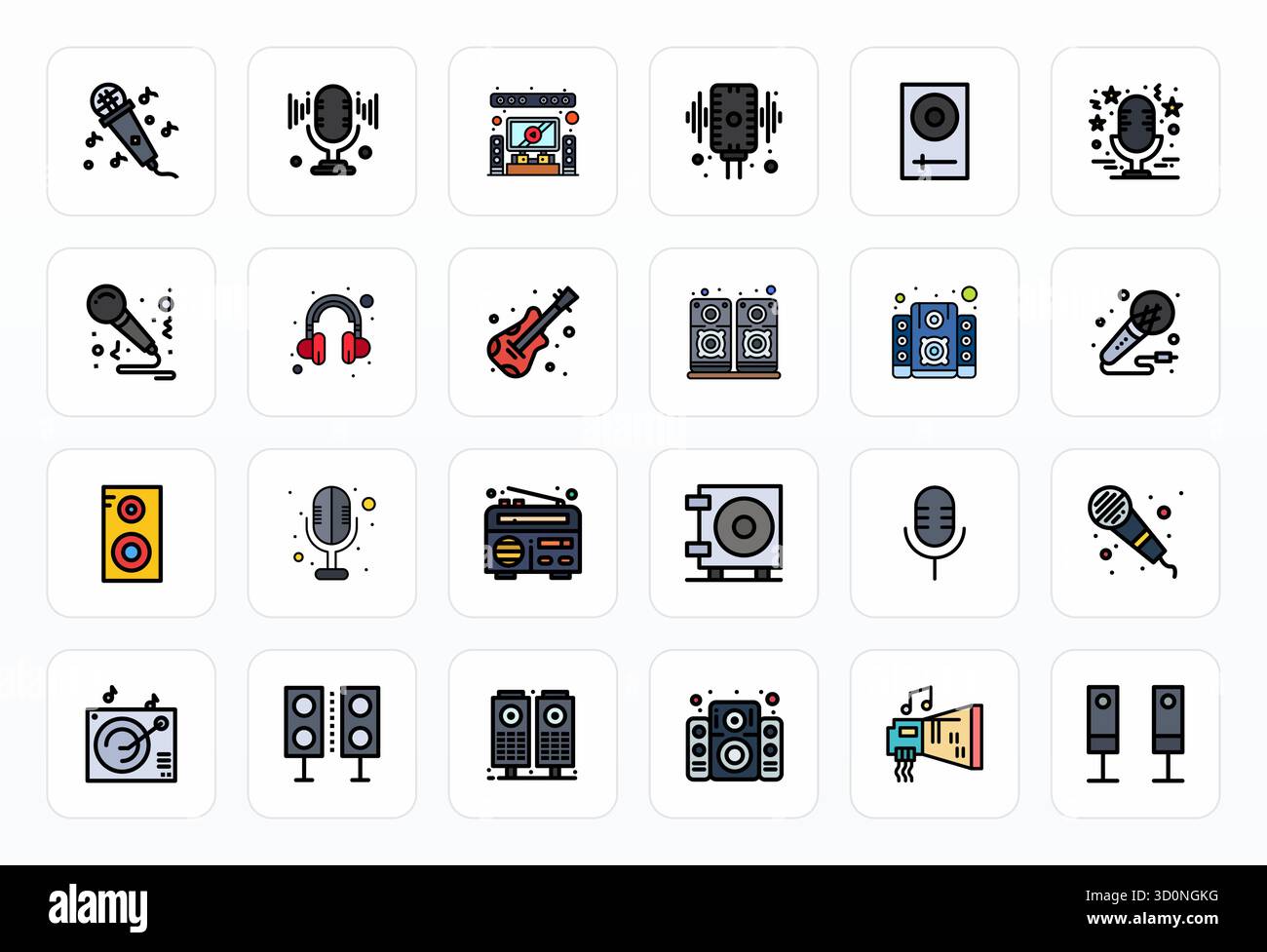 Kuratiertes Paket mit 24 256 x 256 Vektorsymbolen im gefüllten Line-Design, zentriert um Sound Equipment-Konzepte mit Pixel-optimierter Klarheit. Stock Vektor