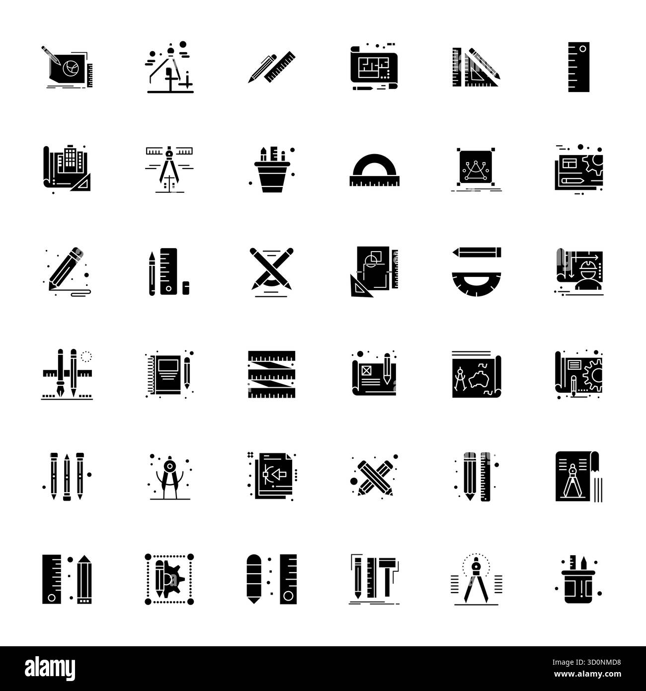 Diese Kollektion enthält 36 erweiterte Vektorsymbole für gefüllte Details, die speziell auf das Design „Drafting“ zugeschnitten sind und im Format 256 x 256 für digitale Konstruktionen optimiert wurden. Stock Vektor