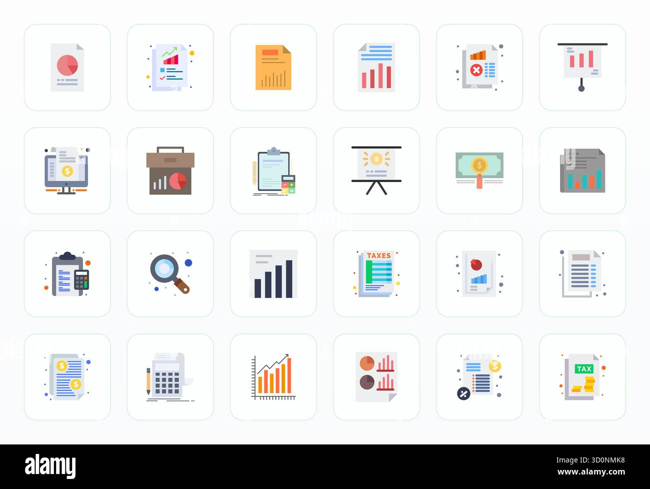 Professionelle Sammlung von 24 flachen Vektorsymbolen, die Finanzbericht darstellen, mit Retina Ready Detail Enhanced Precision für Unternehmen Stock Vektor