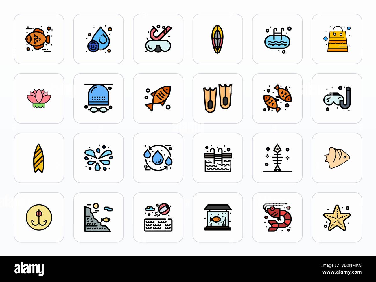 Professionell gestaltete Vektorsymbole mit 24 gefüllten Zeilen und Pixeln für Aquatic, entwickelt mit hoher Auflösung für fehlerfreie Integration und Leistung Stock Vektor