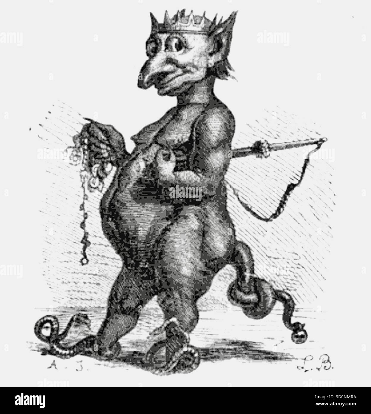 Louis Le Breton - Abraxas - 1863 - dieses Bild ist eine Darstellung von Abraxas aus dem Dictionnaire Infernal, einem Buch über Dämonologie. Abraxas ist eine Figur aus dem gnostischen Christentum, ein Begriff für den „Großen Archon“ oder einen Demigott, der die höchste Sphäre beherrscht. Der Name wurde oft auf Edelsteinen eingraviert, die als Amulette oder Anhänger verwendet wurden. Die katholische Kirche hielt Abraxas später für einen Dämon, und er wird oft mit einem gekrönten Kopf, spitzen Ohren und einem geknüpften Schwanz mit Füßen aus zwei Schlangen dargestellt. Diese Illustration stammt aus der 1863 erschienenen Ausgabe des Dictionnaire Infernal von Collin de Plancy. Stockfoto