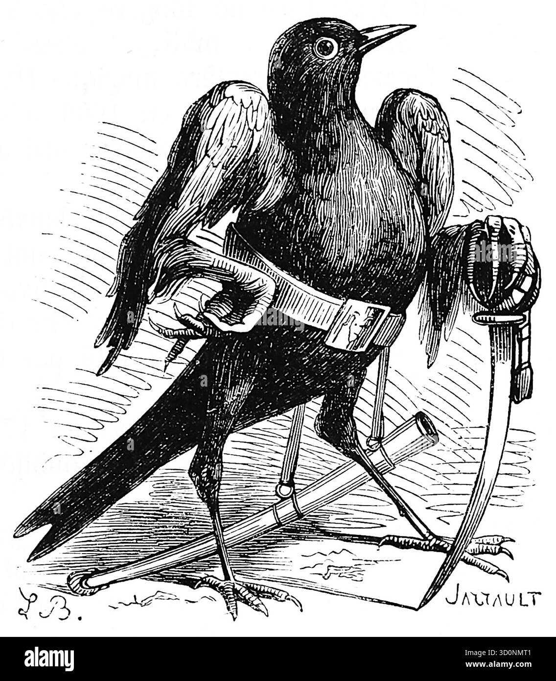Louis Le Breton - Caim - 1863 - Dies ist eine schwarz-weiße Illustration des Dämons Caim, auch bekannt als Caym, aus dem Dictionnaire Infernal. Das Bild zeigt einen Vogel, möglicherweise eine Krähe oder Amsel, der aufrecht steht und ein Schwert hält. Der Vogel trägt einen Gürtel mit einer Debe und greift den Griff des Schwertes mit einem Fuß, während der andere Fuß auf einem Stab liegt. Caim wird in der Dämonologie als „Präsident der Hölle“ beschrieben. Stockfoto