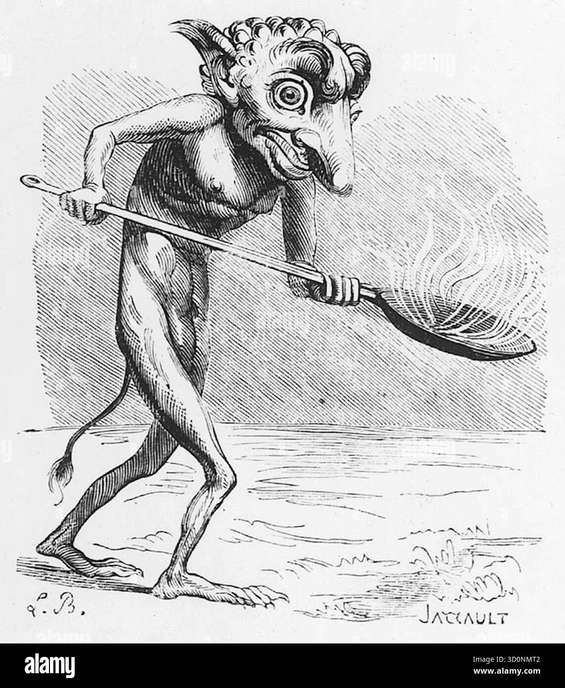 Louis Le Breton - Ukobach - 1863 - Ukobach wird als Dämon einer niedrigeren Ordnung beschrieben, oft mit einem brennenden Körper dargestellt. In dieser Illustration von Louis Le Breton aus der Ausgabe 1863 wird Ukobach als Satyrfigur mit großen Augen und Ohren dargestellt, die eine Pfanne mit Feuer hält. Nach der Dämonologie soll Ukobach der Erfinder des Feuerwerks sein und wird von Beelzebub beauftragt, das Öl in den höllischen Lampen zu halten. Stockfoto