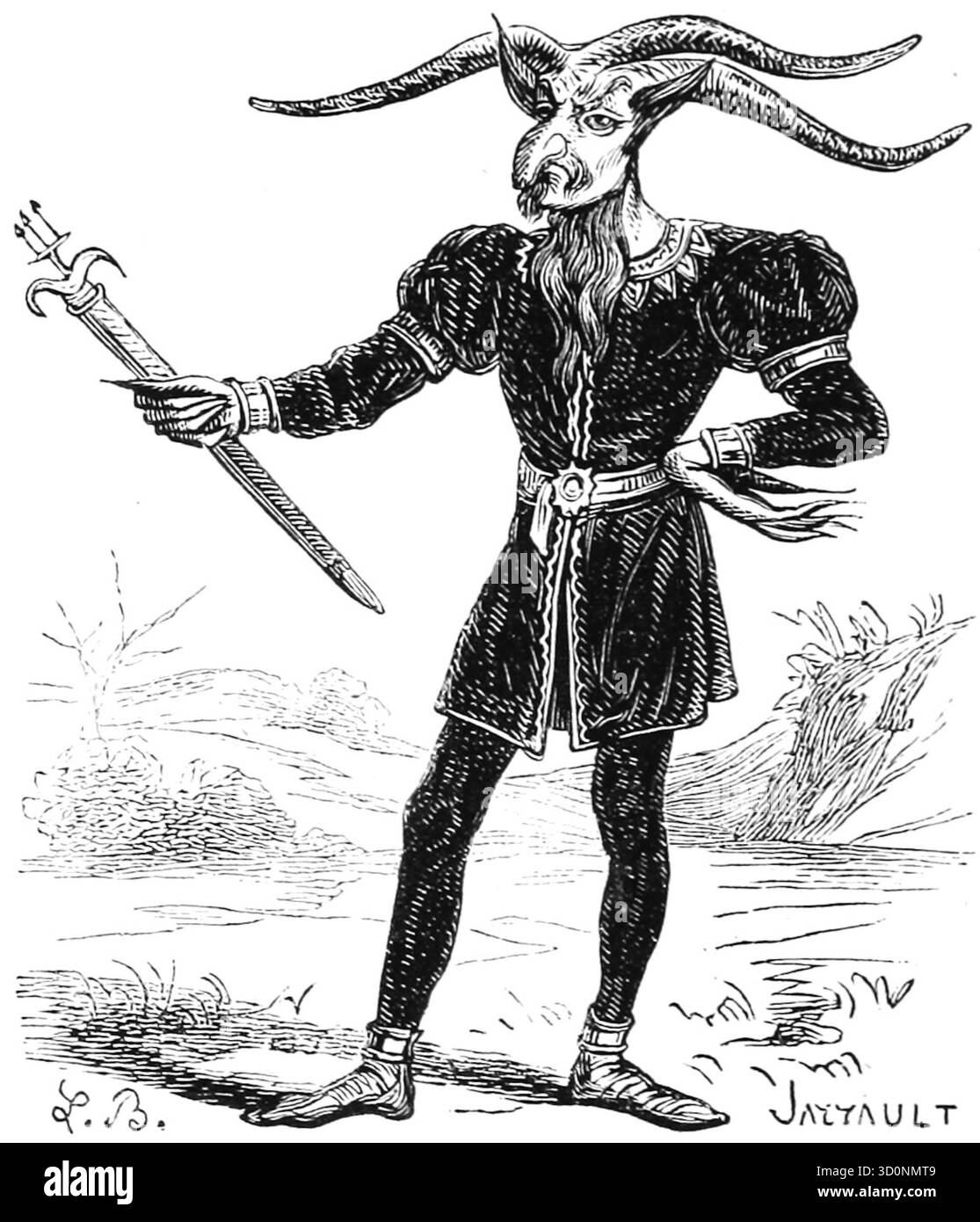 Das Bild ist eine Illustration des Dämons Leonard, auch bekannt als Meister Leonard, aus dem Dictionnaire Infernal. Leonard wird als Großmeister der nächtlichen Orgien und als Häuptling der subalternen Dämonen beschrieben. Er wird oft als dreihörnige Ziege mit schwarzem menschlichem Gesicht dargestellt, und er soll seine Eingeweihten mit einem seiner Hörner markieren. Louis Le Breton - Meister Leonard - 1863 - die Illustration stammt aus der Ausgabe des Dictionnaire Infernal von Jacques Auguste Simon Collin de Plancy aus dem Jahr 1863 mit dem von Louis Le Breton geschaffenen Kunstwerk. Stockfoto