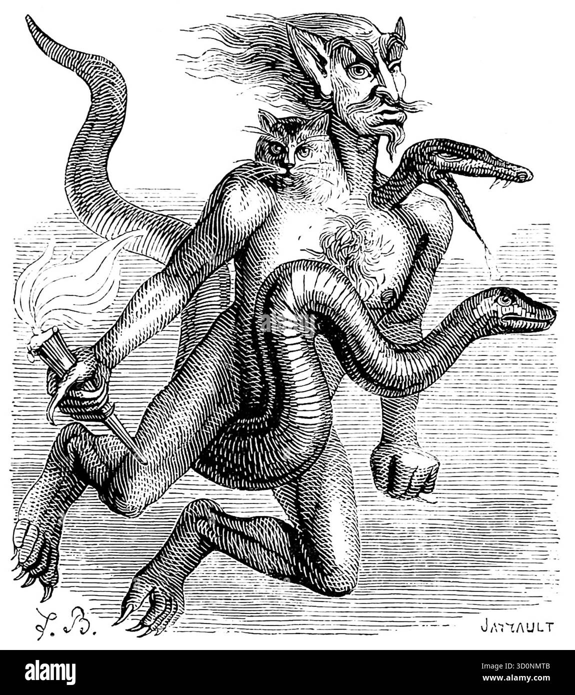 Louis Le Breton - Haborym - 1863 - Haborym wird typischerweise mit drei Köpfen dargestellt: Einer Schlange, einem Mann und einer Katze (obwohl einige Quellen ein Kalb sagen). Der Dämon soll den Körper eines gutaussehenden Mannes haben, auf einer Viper reiten und eine brennende Fackel tragen. Mit dieser Fackel soll er Städte und Burgen in Brand setzen. Haborym soll auch in der Lage sein, Menschen witzig zu machen und wahre Antworten auf private Angelegenheiten zu geben. Stockfoto