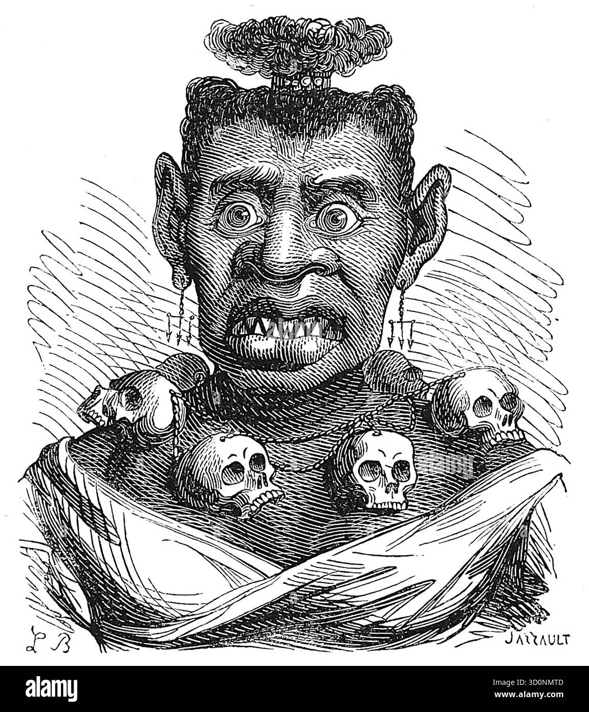 Louis Le Breton - Cali - 1863 - die Abbildung von Cali zeigt eine Figur mit scharfen Zähnen, großen Ohren und einem Nasenring. Die Figur trägt eine Halskette aus Schädeln. Laut einer Beschreibung der Figur ist Cali die Königin der Dämonen und Sultaninen der indischen Hölle und wird manchmal mit tiefschwarzer Haut und einem Kragen aus goldenen Schädeln dargestellt. Stockfoto