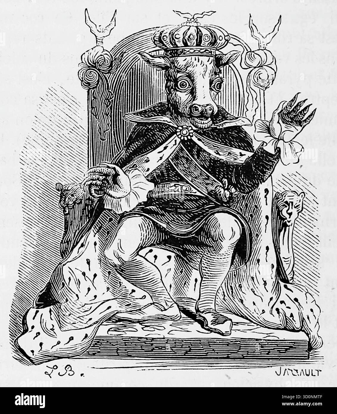 Louis Le Breton - Moloch - 1863 - Dies ist eine Illustration von Moloch, einer Figur, die in der hebräischen Bibel und späteren Traditionen gefunden wurde. Moloch wird oft mit Kinderopfern in Verbindung gebracht und wird als kanaanitische Gottheit dargestellt. Seit dem Mittelalter wird er häufig als Stierköpfiger Idol mit ausgebreiteten Händen über einem Feuer dargestellt. Diese besondere Darstellung mit der Stierkopffigur, die eine Krone und königliche Gewänder trägt, stammt aus dem Dictionnaire Infernal, einer dämonologischen Enzyklopädie aus dem 19. Jahrhundert. Die ursprüngliche Illustration wurde von Louis Le Breton erstellt. Stockfoto