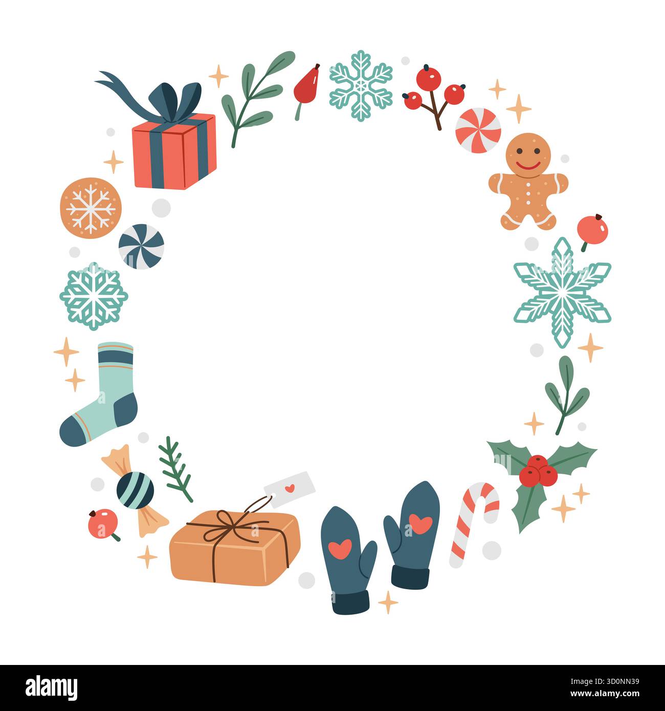 Handgezeichneter, runder Weihnachtsrahmen, Kopierraum. Kritzelnde Weihnachtsdekoration mit rundem Rahmen. Weihnachtsgeschenke, Süßigkeiten, Süßigkeiten, Kekse. Vektor Stock Vektor