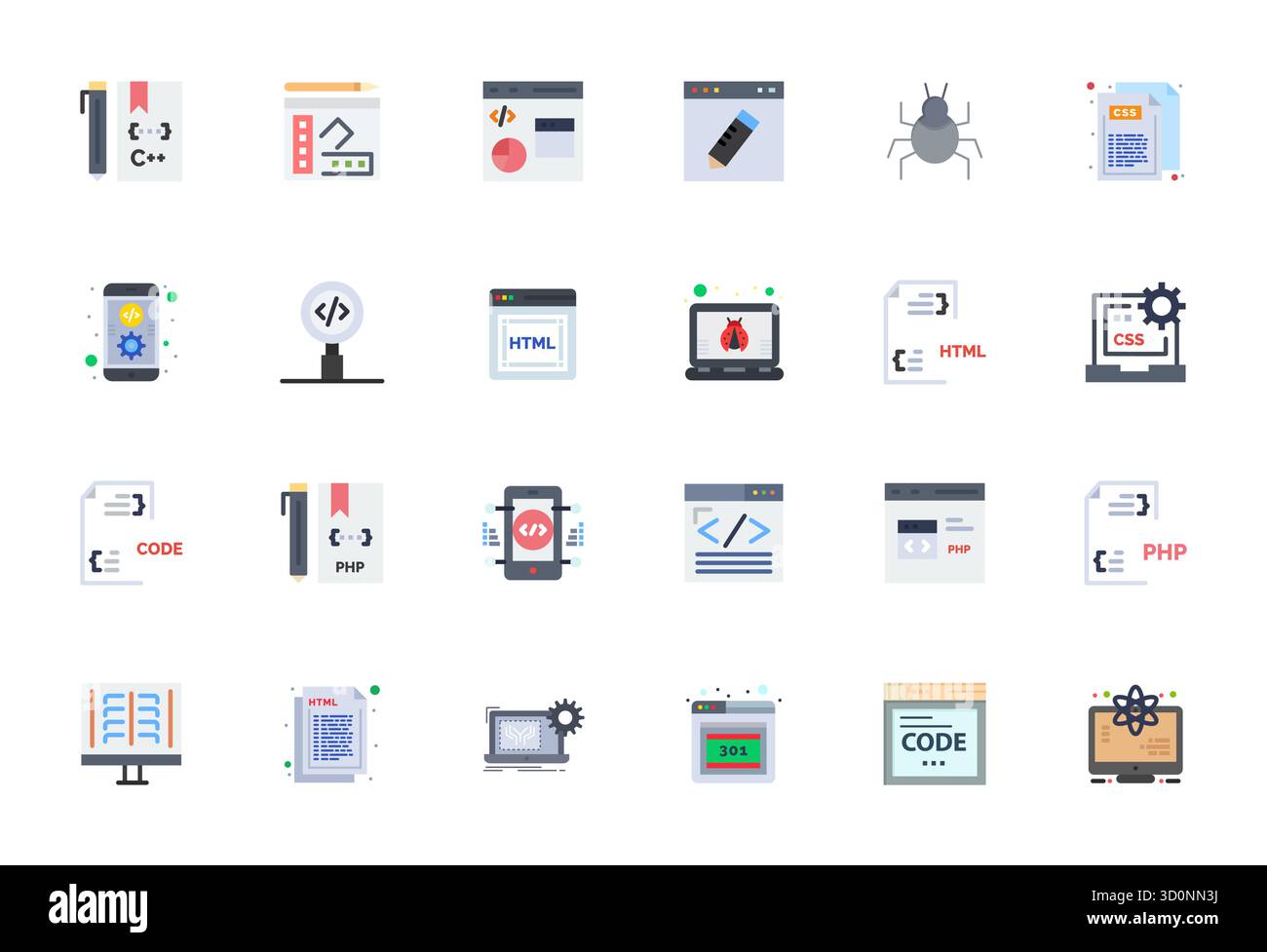 Entsperren Sie 24 von der Codierung inspirierte, erweiterte Vektorsymbole mit flachen Details, optimiert im Format 128x128 für eine fehlerfreie Anzeige auf allen Geräten. Stock Vektor