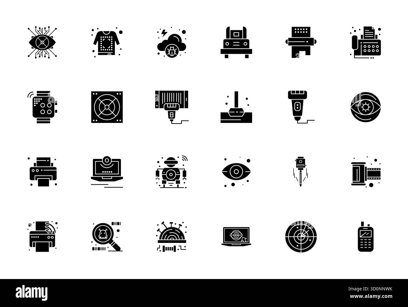 Durchdacht gestaltete 24 Vektorsymbole rund um das Scannen, gefertigt mit einer ausgerichteten Präzision von 64x64 Pixeln für moderne Designanforderungen. Stock Vektor