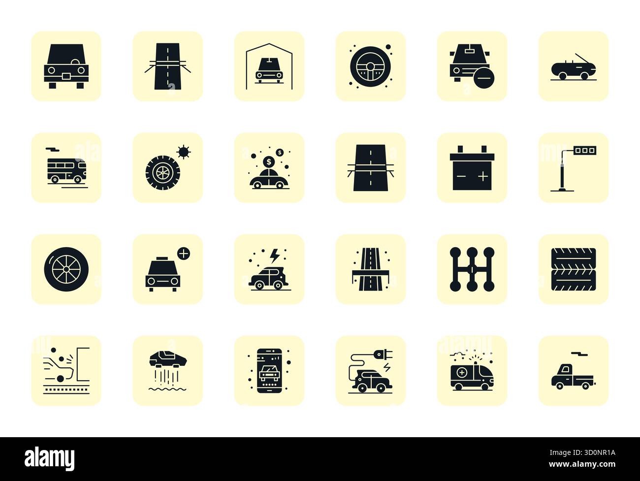 Hochwertige Sammlung von 24 gefüllten Vektorsymbolen für Automobile, akribisch in der für Retina Ready Pixel optimierten Auflösung für überragende visuelle impac Stock Vektor