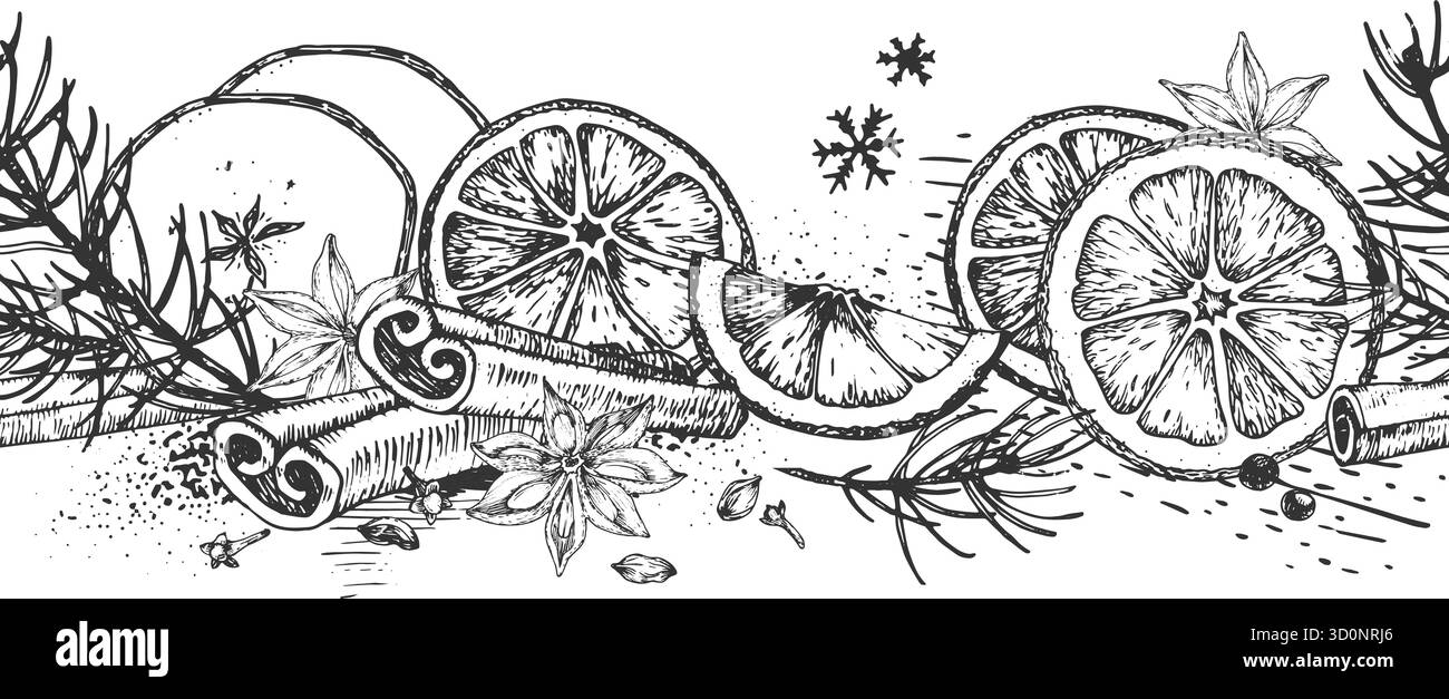 Ein nahtloser grafischer Vektorrand mit Orangen, Zimt, Sternanis und Nelken. Stock Vektor