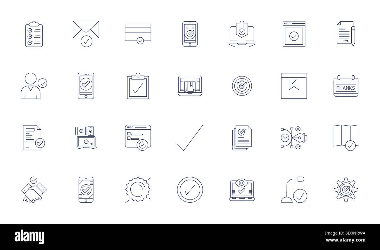 Sorgfältig gestaltete 28 Thin Line Vektor-Symbole zur Bestätigung, geliefert in 128x128 Pixel optimierter Qualität für kompromisslose Designstandards. Stock Vektor