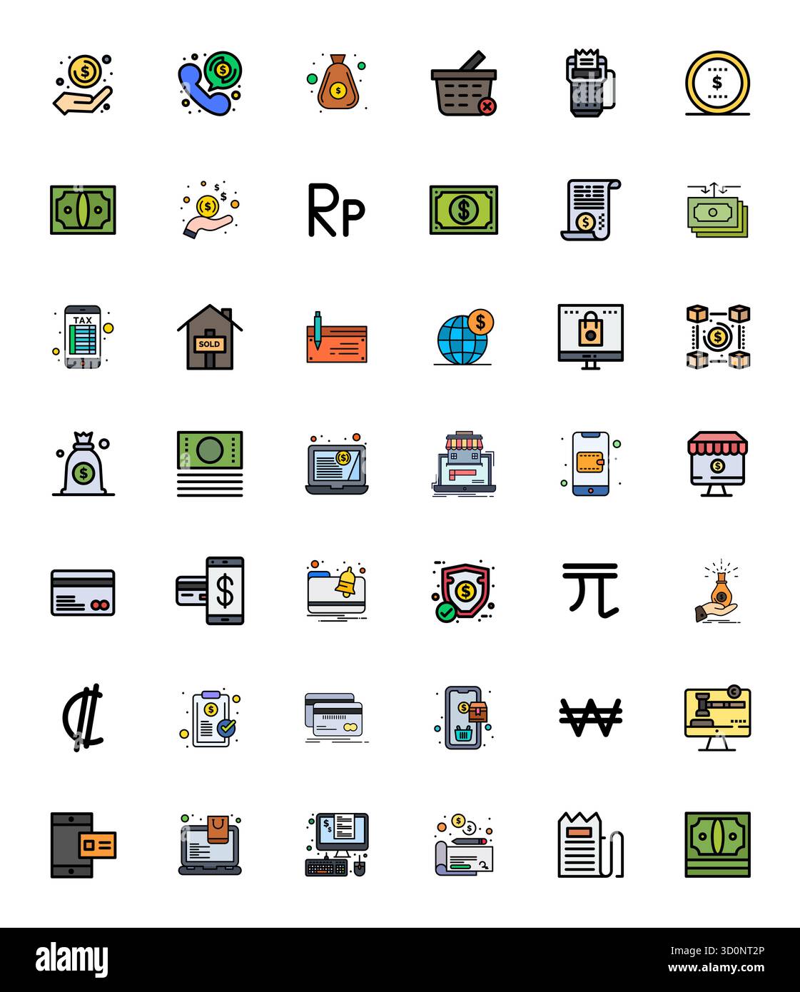 Ein dynamischer Satz von 42 Vektorsymbolen in flacher Linie, speziell für Transaktionen mit 64x64-Display, perfekt für digitale Produkte geeignet. Stock Vektor