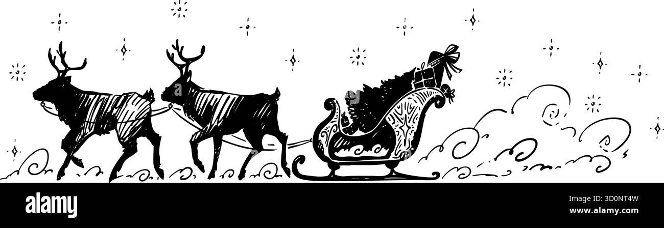 Ein wunderschöner festlicher Schlitten, der von Rentier in einem magischen Winterwunderland gezogen wird Stockfoto