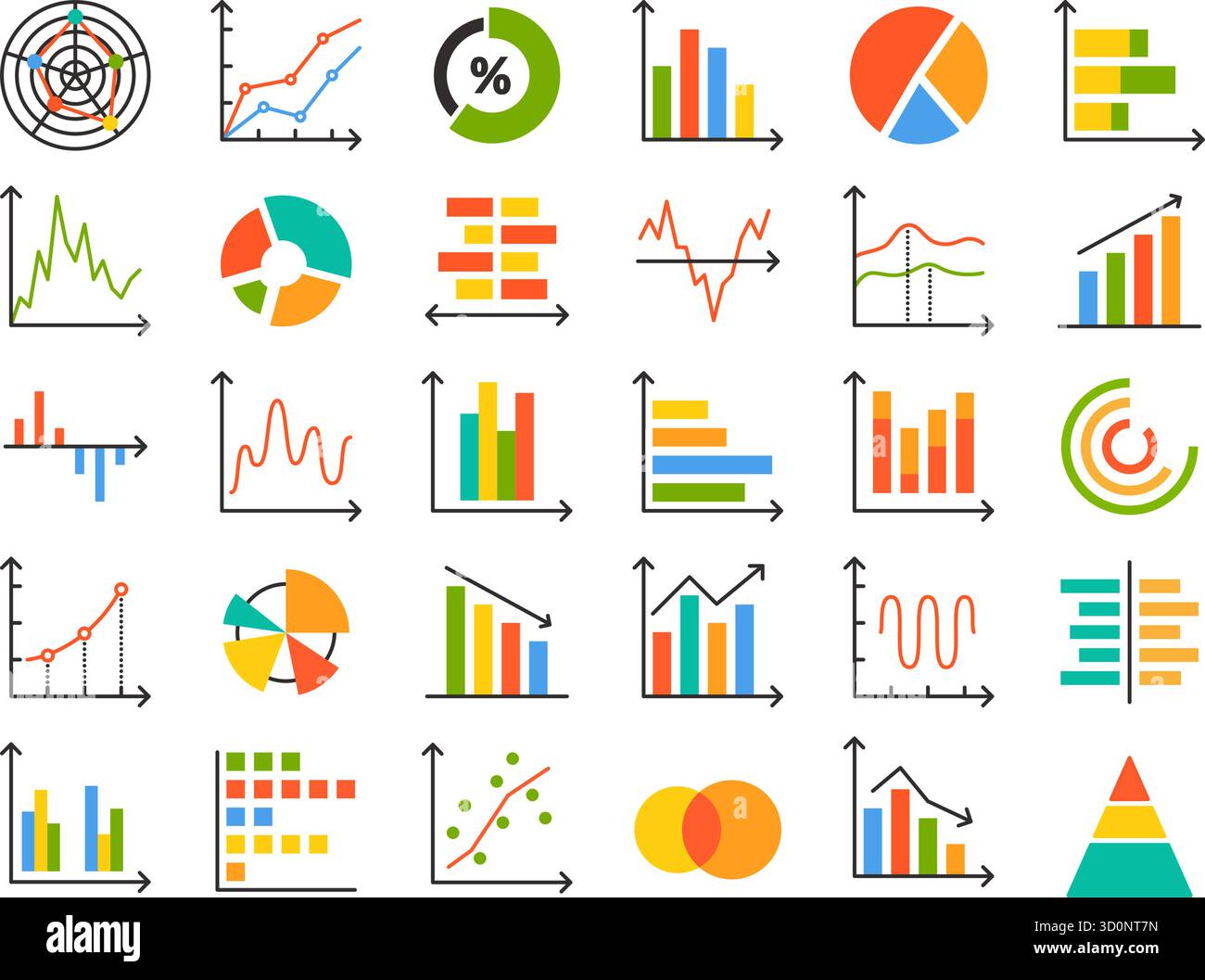 Diagramm- und Diagrammsymbole. Diagramm- und Infografik-Elemente, Visualisierung von Geschäftsdaten mit Tortendiagrammen, Balkendiagrammen, Liniendiagrammen und Statistikberichten Stock Vektor