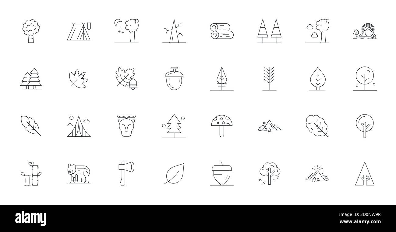 Exklusive Sammlung von 32 Thin Line Vektorsymbolen für Forest, entwickelt mit High Resolution Detail Enhanced Resolution für erstklassige Markenerlebnisse. Stock Vektor