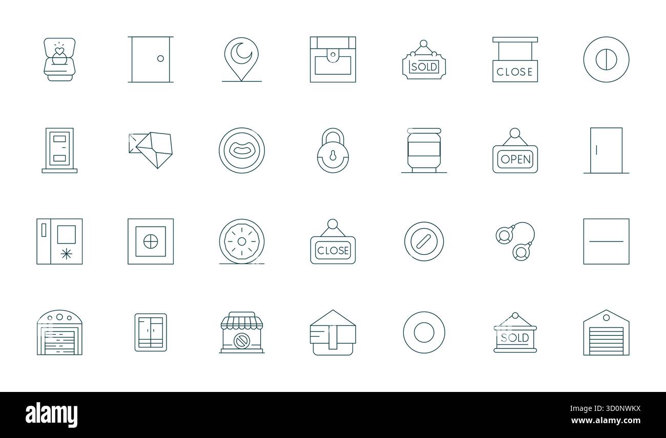 Verwandeln Sie Ihre Designs mit 28 Thin Line Vektorsymbolen, die sich um geschlossene Vektorsymbole mit Retina Ready Pixel-optimierter Auflösung für maximale Klarheit drehen. Stock Vektor