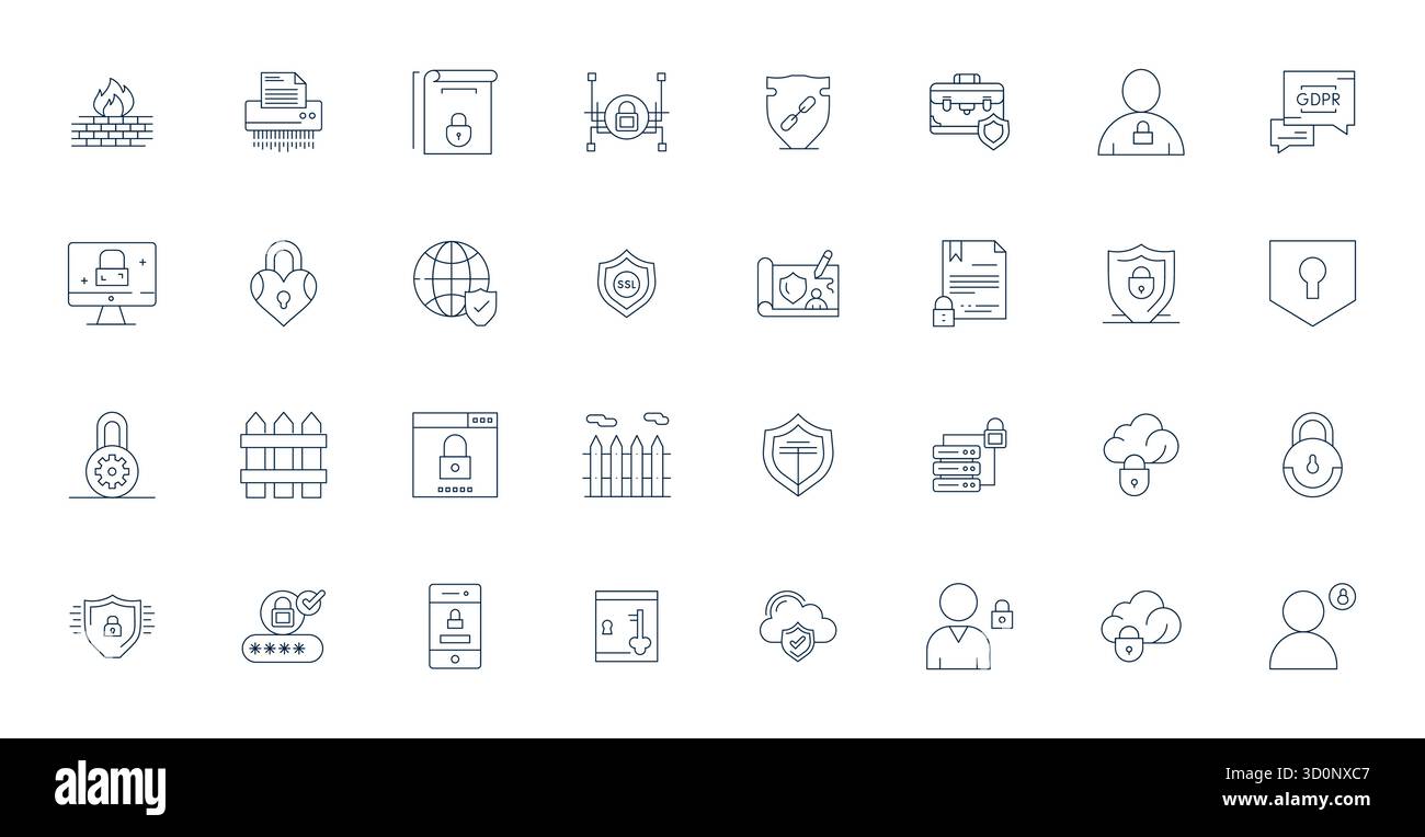 Raffiniertes Paket mit 32 Thin Line Vektorsymbolen für Privatsphäre, optimiert mit 128x128 Grid-angepasster Qualität für elegante und funktionale Designlösungen Stock Vektor