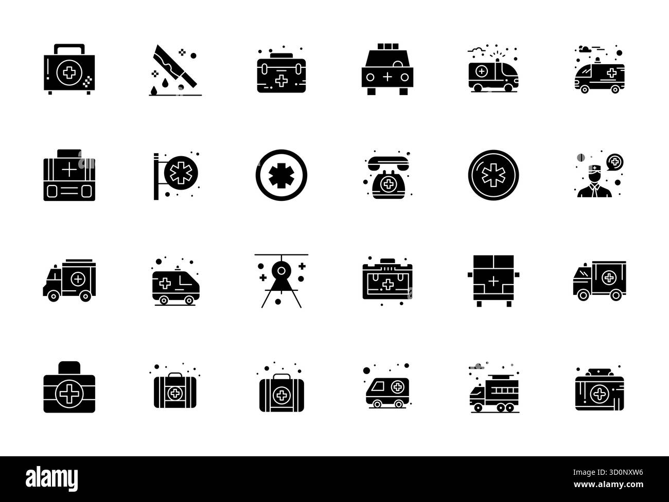 Branchenführendes Paket mit 24 bearbeitbaren Vektorsymbolen für Sanitäter, Größe 64x64 für optimales Rendering und hervorragende Benutzeroberflächen. Stock Vektor